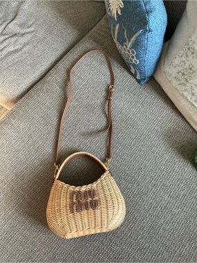 Woven Straw Crossbody Bag with Brown Leather Strap